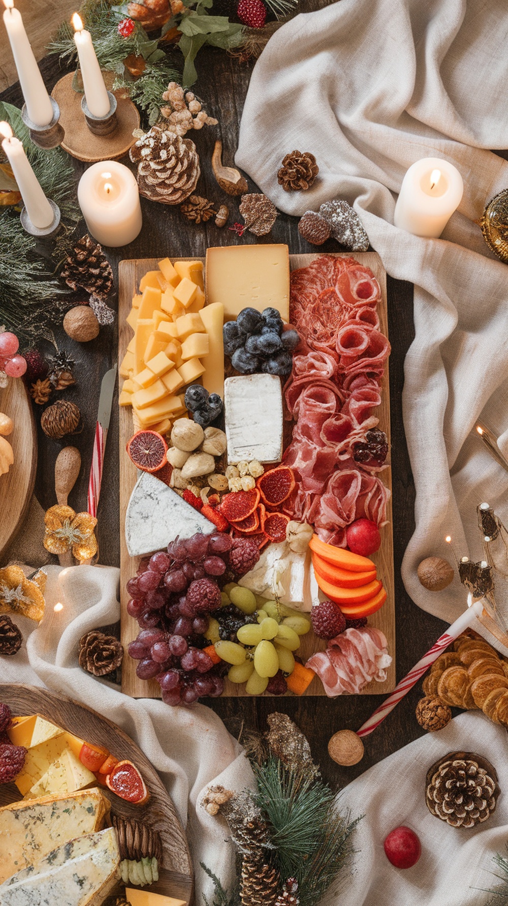 A beautifully arranged cheese and charcuterie board featuring various cheeses, cured meats, fruits, and nuts.