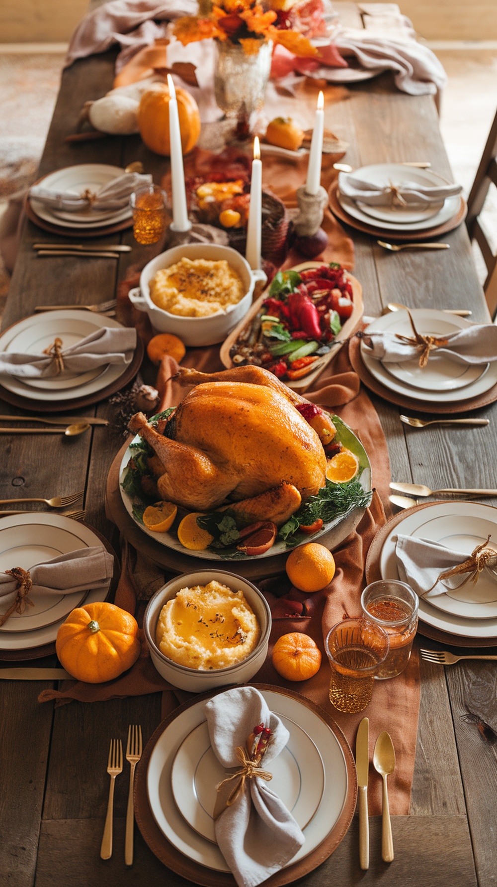 A beautifully arranged Thanksgiving table featuring a herb-roasted turkey with citrus glaze, surrounded by festive decorations and side dishes.
