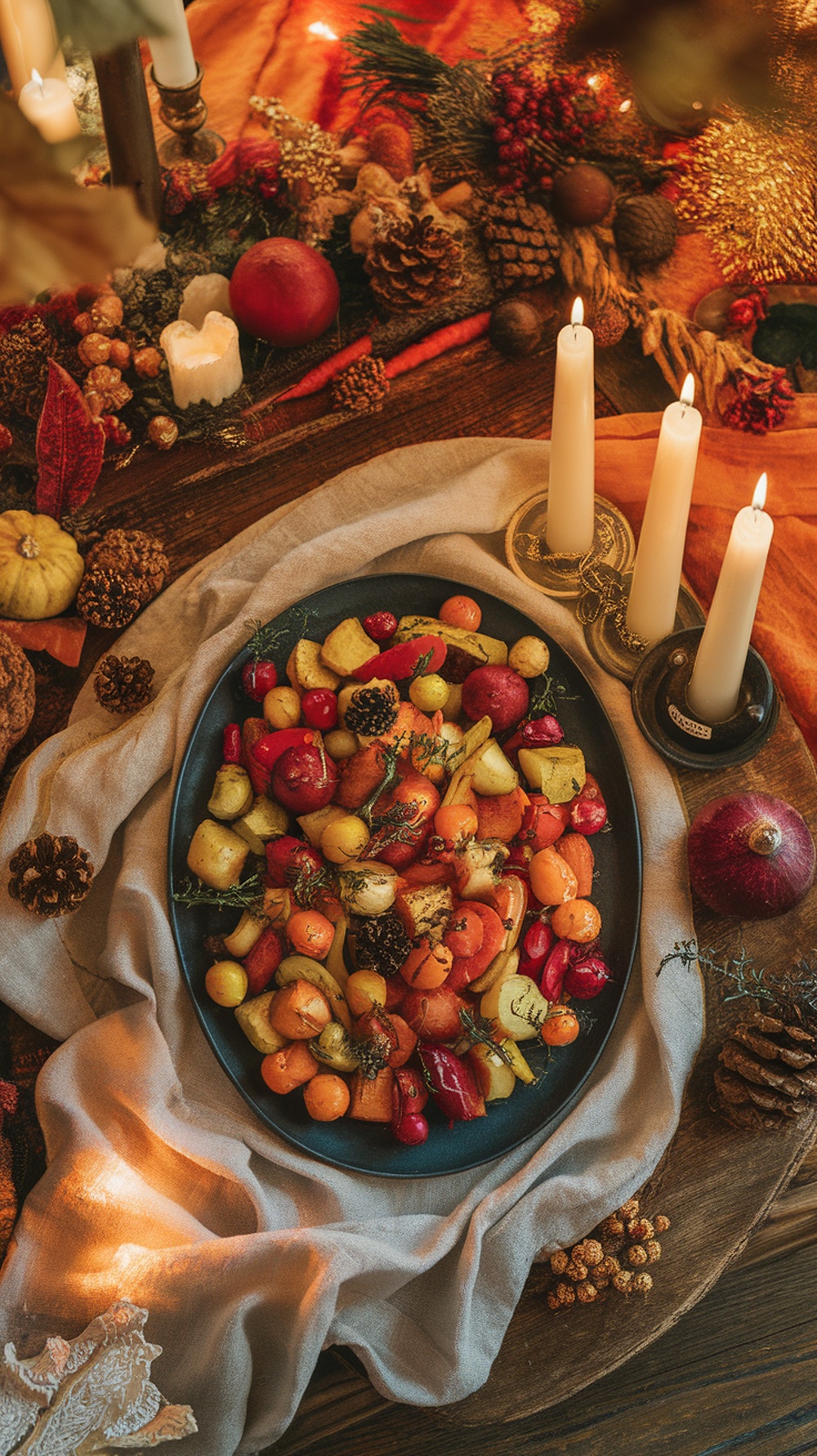 A colorful roasted vegetable medley served on a dark platter, surrounded by seasonal decorations.
