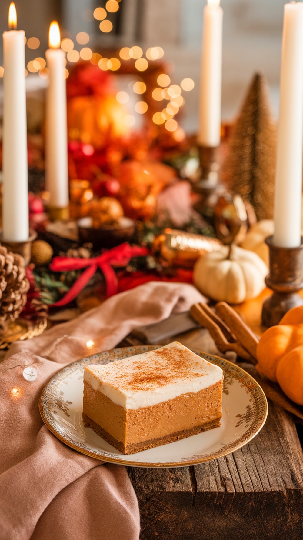 Delicious pumpkin spice cheesecake bars on a decorative plate, surrounded by autumn-themed decorations.