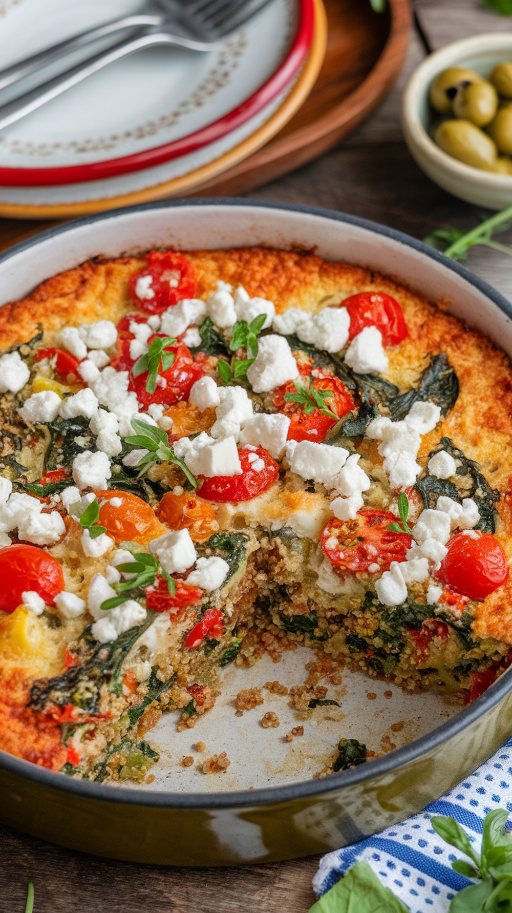 Mediterranean quinoa breakfast casserole with spinach, tomatoes, and feta cheese, served in a rustic dish.