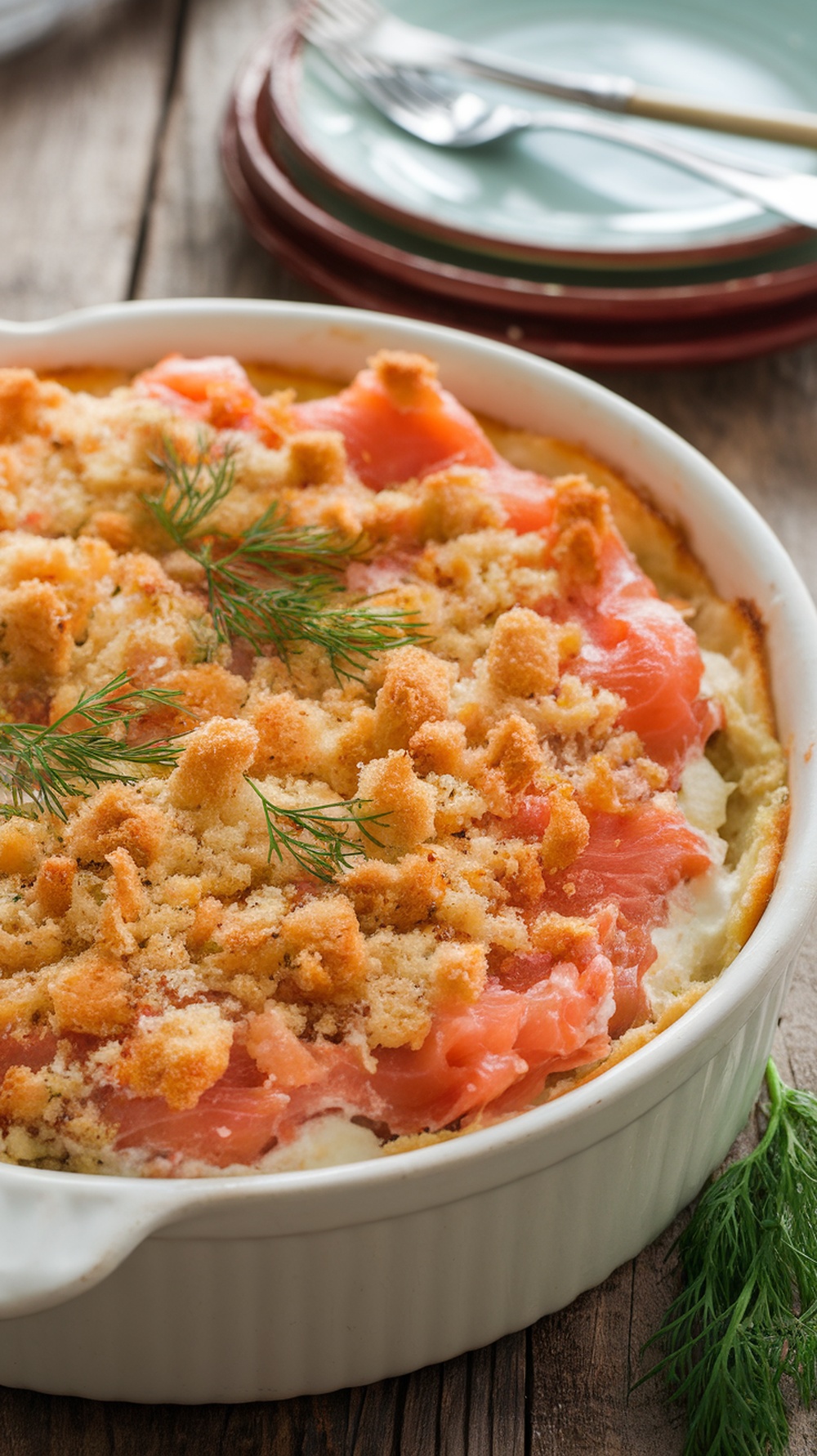 A golden brown smoked salmon casserole with a crispy topping, garnished with dill, on a rustic wooden table.