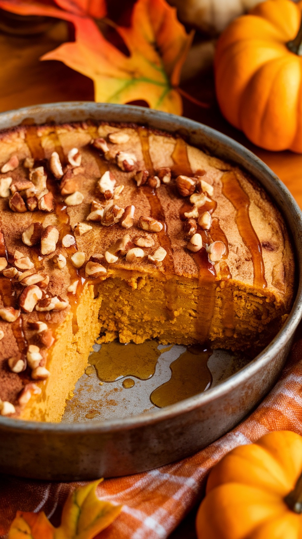 Pumpkin spice breakfast casserole in a rustic dish, topped with nuts and maple syrup, surrounded by autumn decorations.