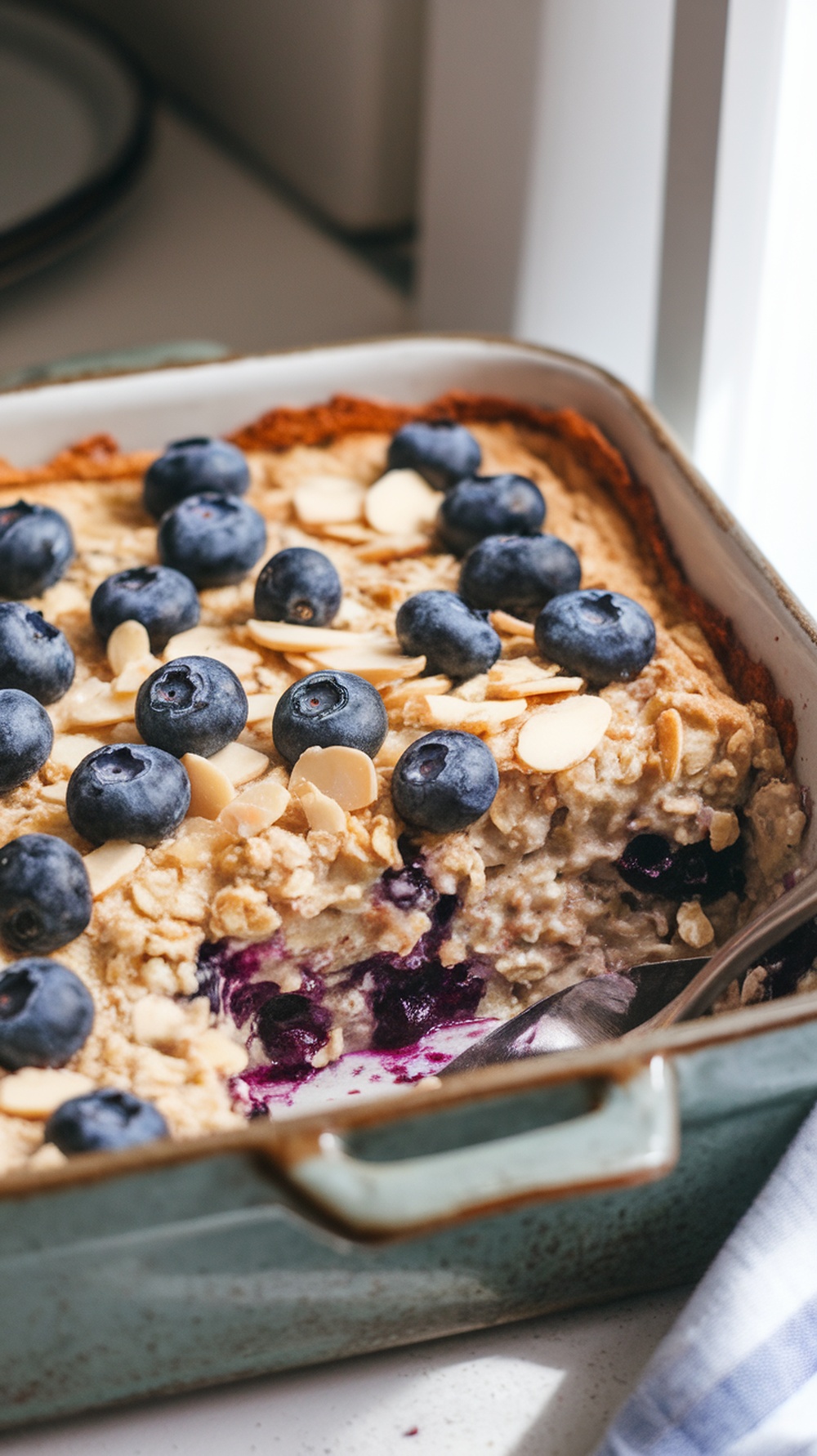 Baked blueberry almond overnight oats casserole topped with almonds and blueberries in a rustic dish.