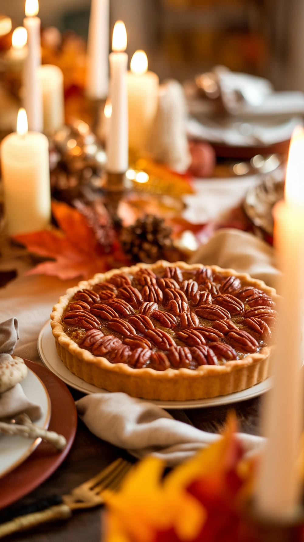 A beautifully arranged pecan pie with caramel drizzle on a festive Thanksgiving table.