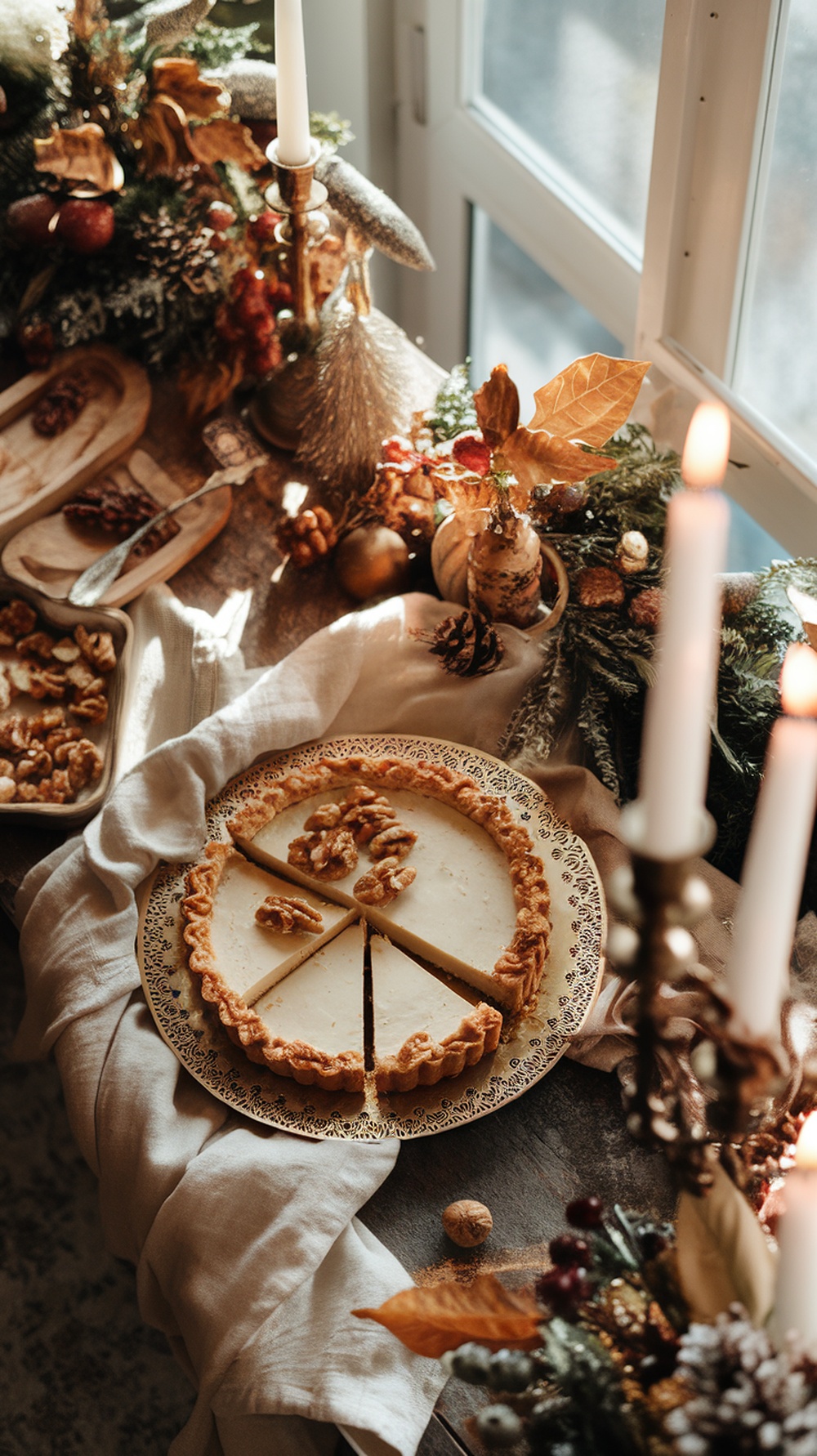 A beautifully arranged maple walnut tart on a festive table setting.