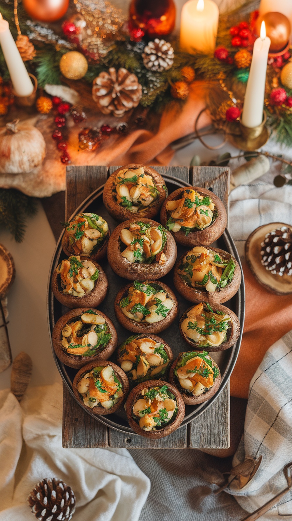 A platter of stuffed mushrooms topped with herbs, arranged beautifully for a festive occasion.