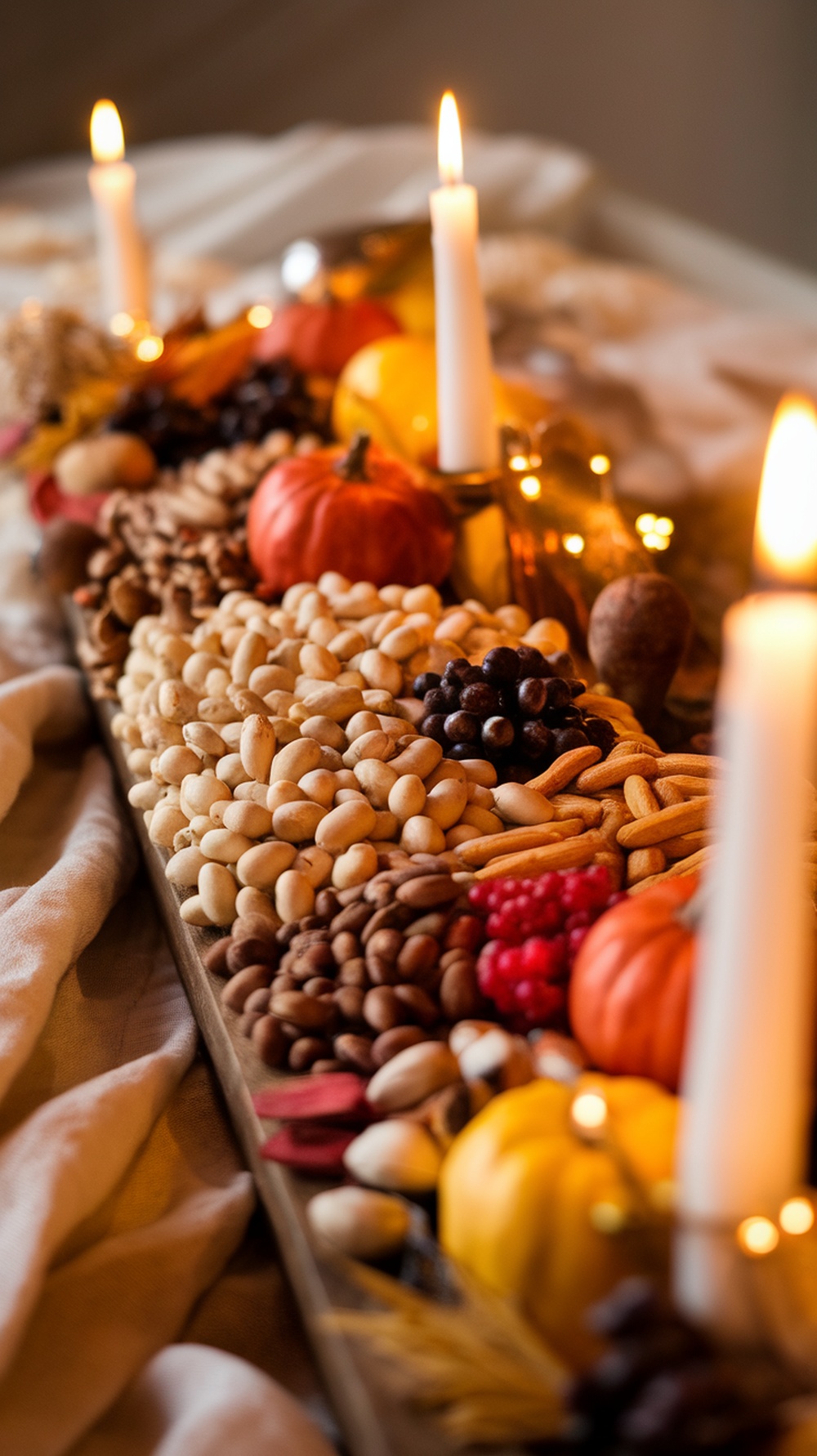 A beautifully arranged Thanksgiving charcuterie board featuring various nuts, seeds, and seasonal decorations.