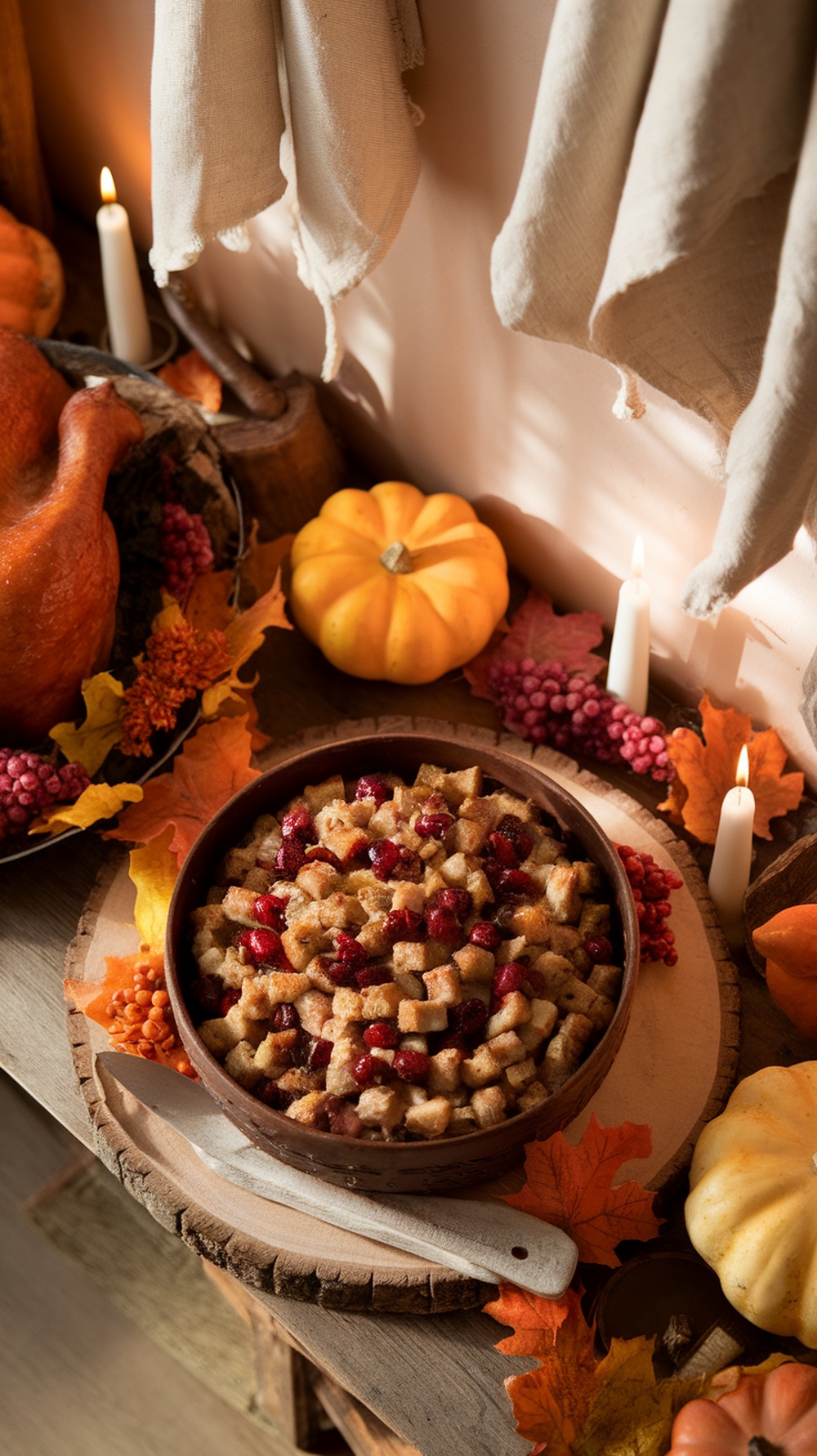 A bowl of savory stuffing with sausage and cranberries surrounded by autumn decorations.