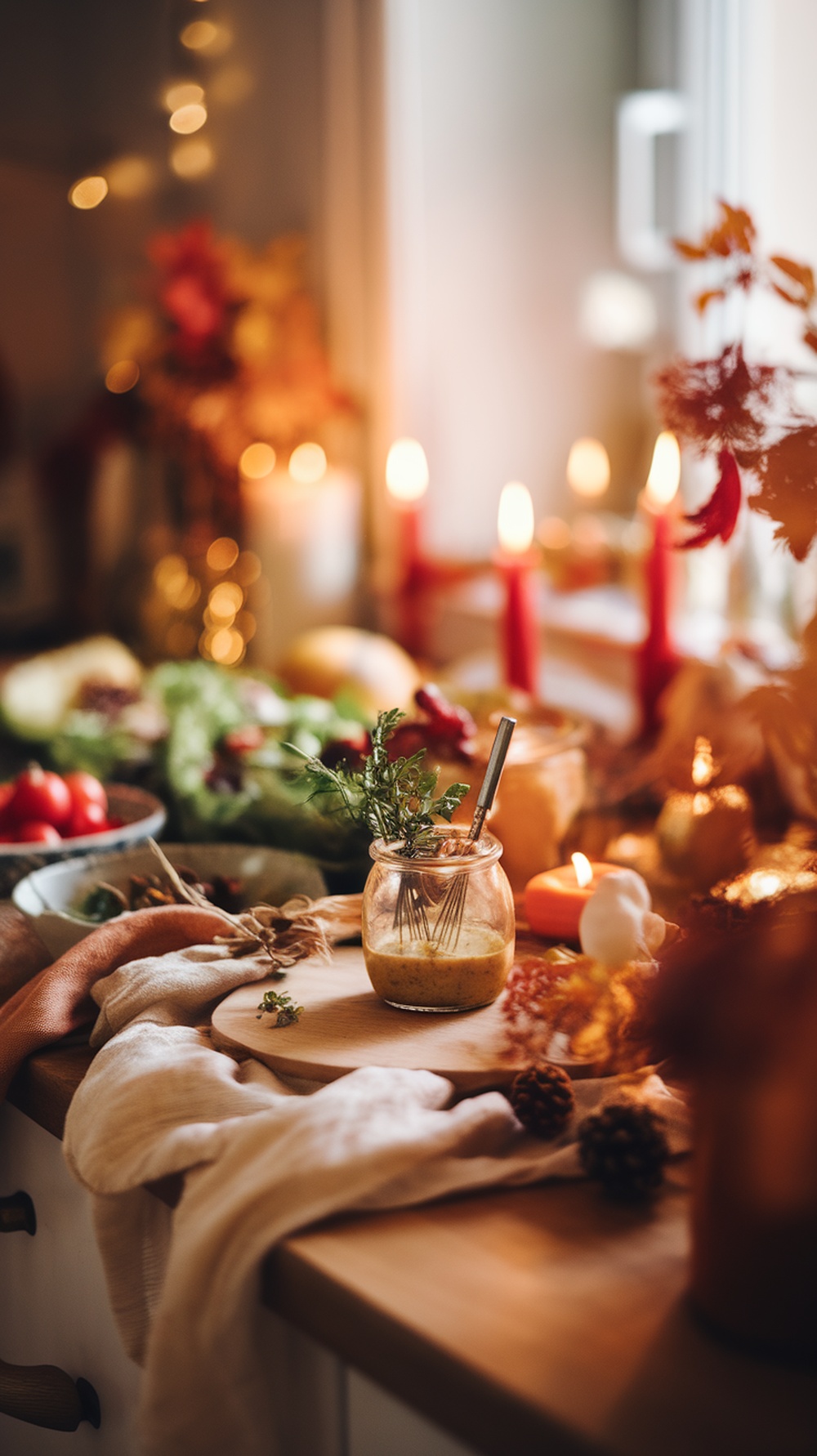 A jar of Maple Dijon dressing with fresh herbs, surrounded by Thanksgiving decorations and salad ingredients.