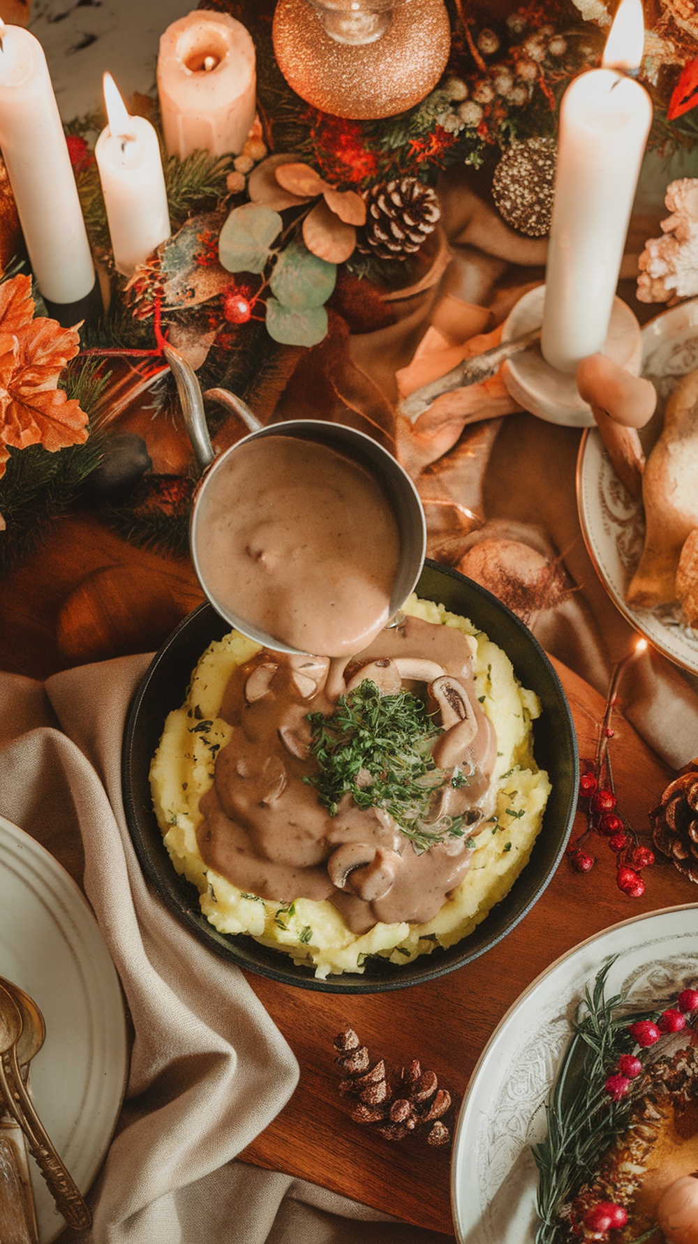 Creamy vegan mushroom gravy served over mashed potatoes with herbs