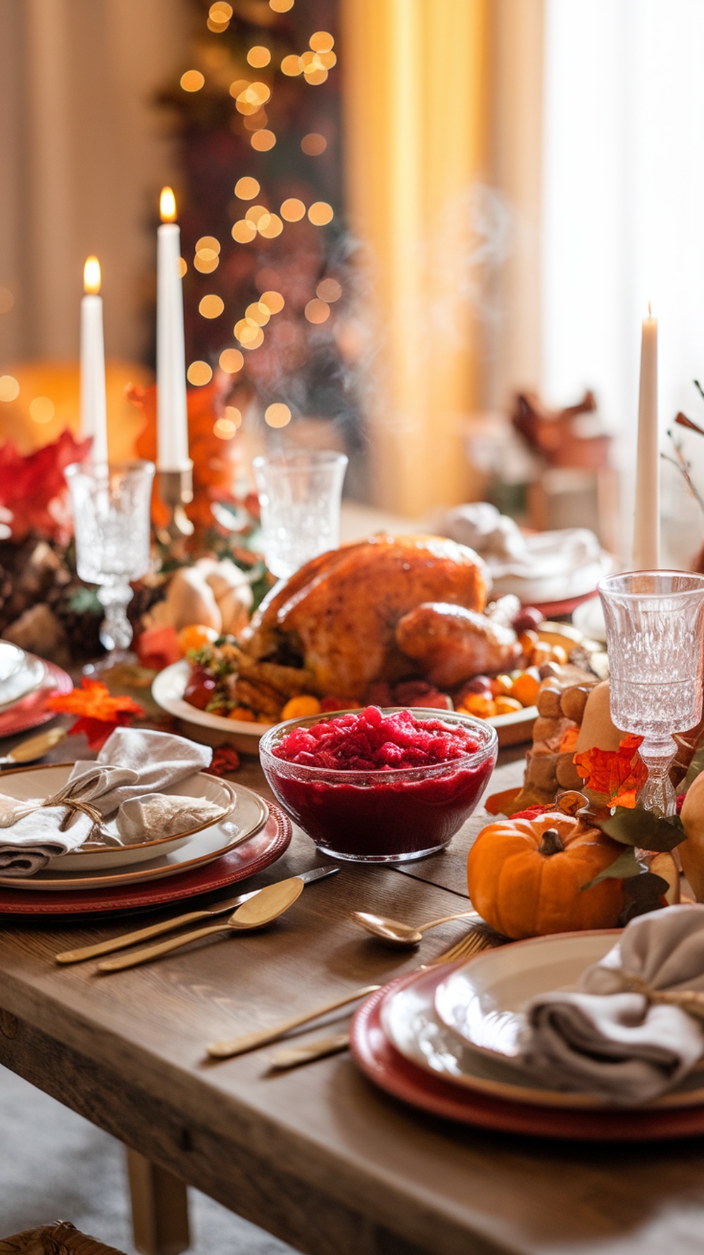 A beautifully set Thanksgiving table featuring a bowl of cranberry sauce, turkey, and festive decorations.