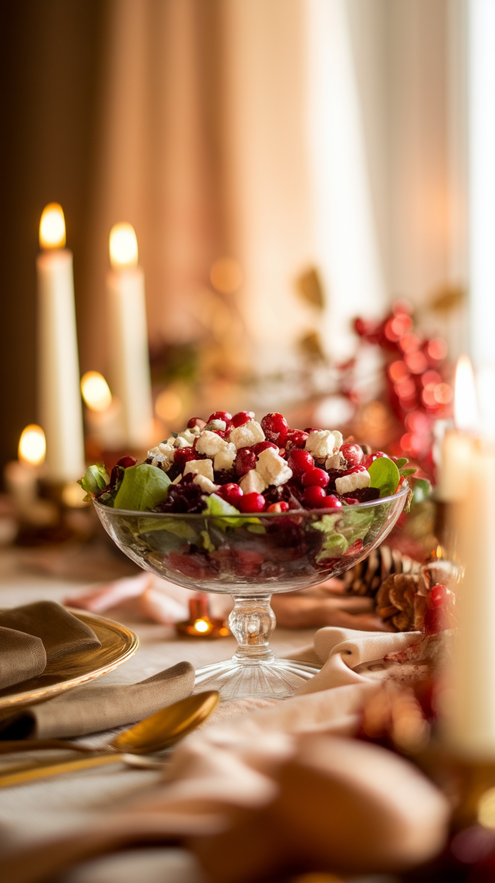 A beautiful bowl of cranberry walnut salad with feta cheese, set on a festive Thanksgiving table.