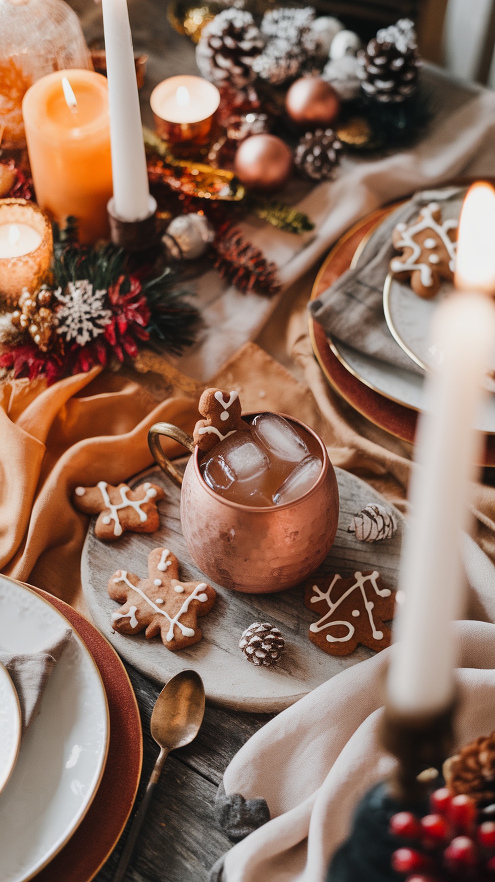A festive Gingerbread Mule cocktail served in a copper mug, surrounded by gingerbread cookies and holiday decorations.