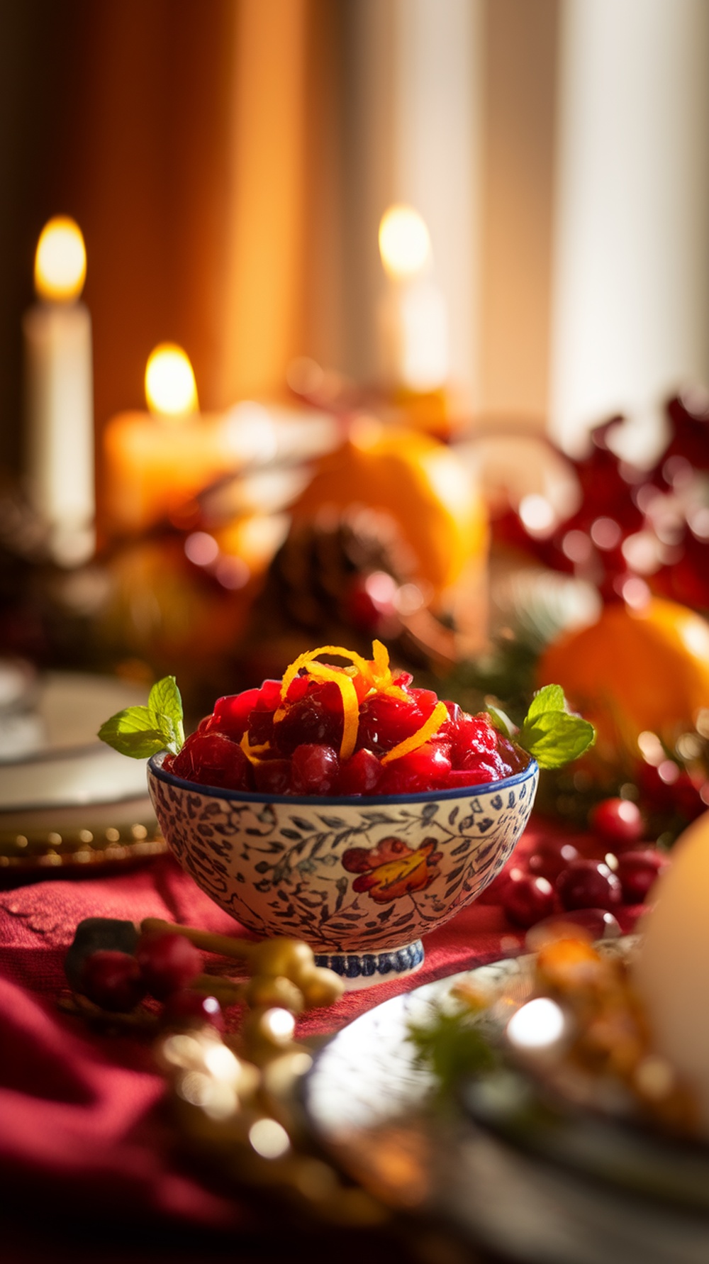 A bowl of cranberry orange relish garnished with orange zest and mint leaves, surrounded by festive decorations.