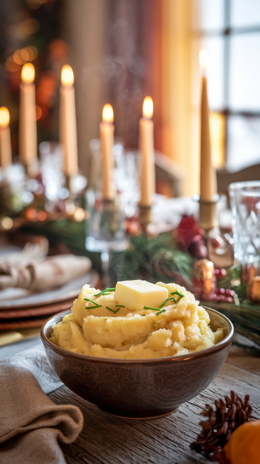 A bowl of creamy garlic mashed potatoes topped with butter and chives, surrounded by a festive Thanksgiving table setting.