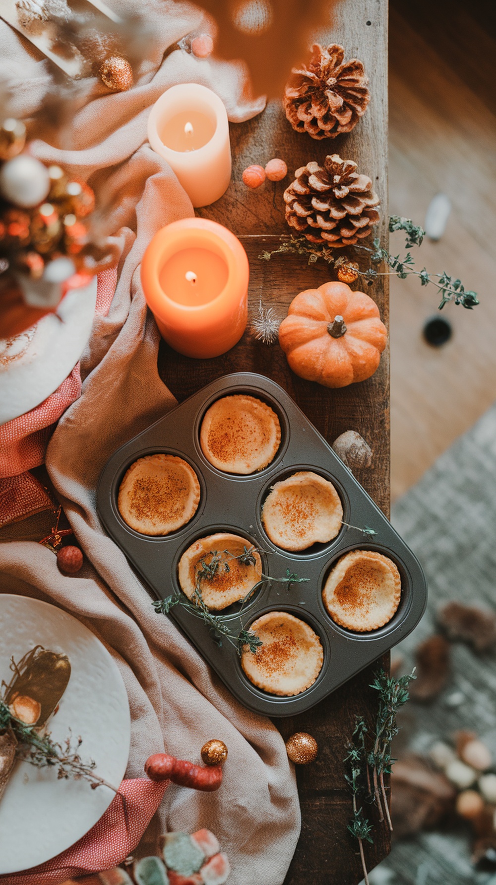 Mini pumpkin quiches in a muffin tin surrounded by fall decorations.