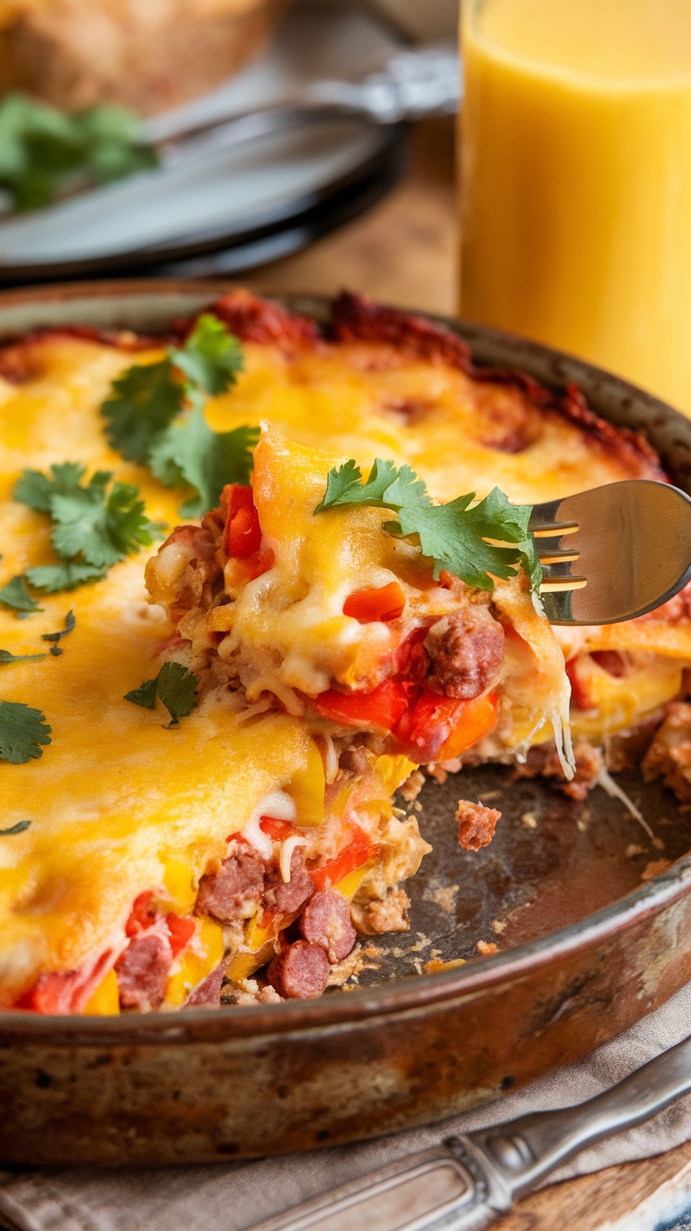 A golden Southwestern breakfast casserole with cheese and sausage, garnished with cilantro, in a rustic dish.