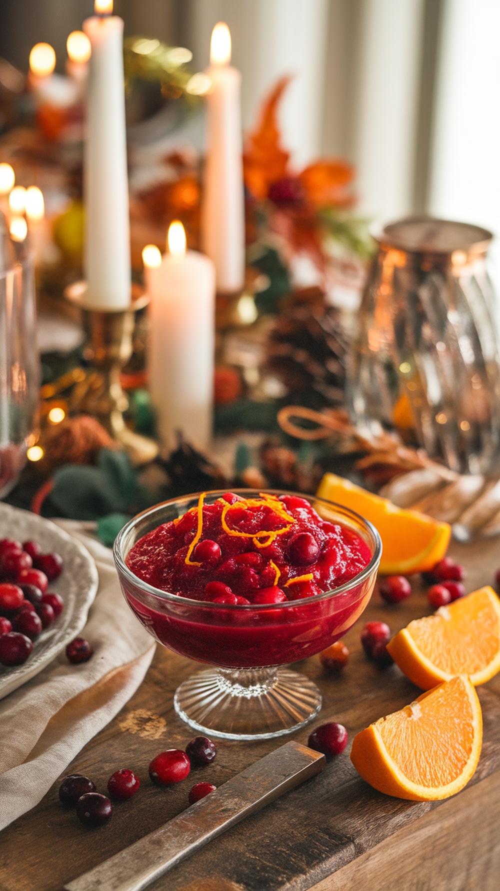 A bowl of cranberry sauce garnished with orange zest, surrounded by fresh cranberries and orange slices on a festive table.