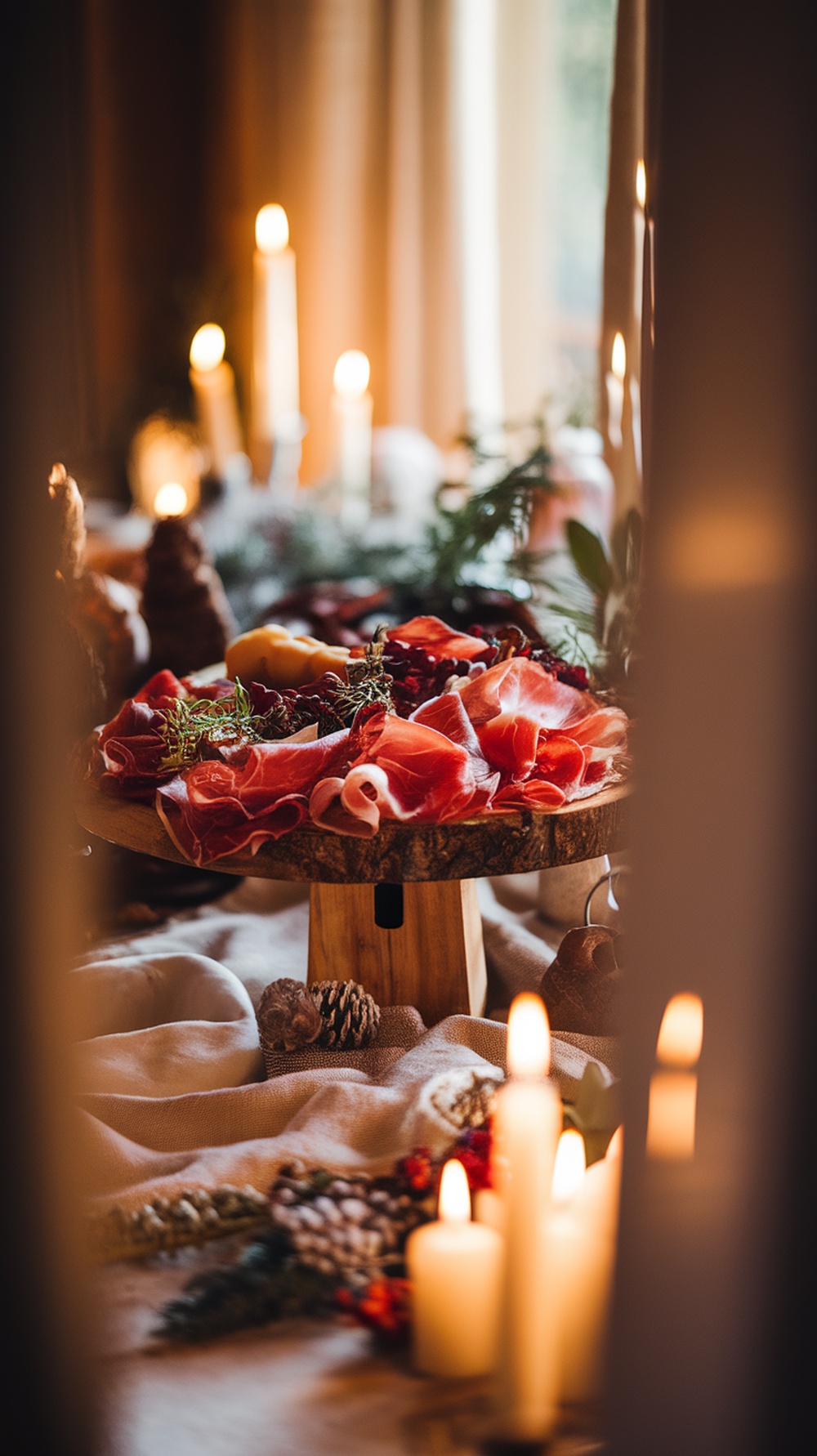 A beautifully arranged Thanksgiving charcuterie board featuring various cured meats, cheeses, nuts, and herbs.