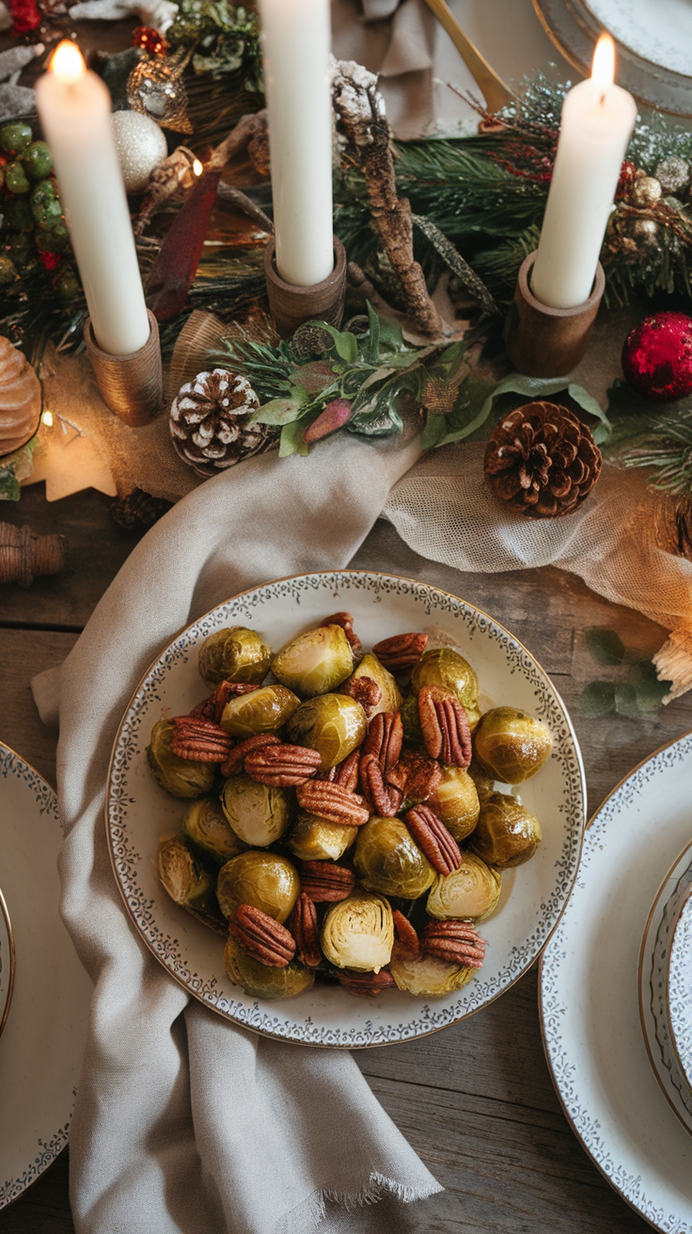 A plate of maple glazed Brussels sprouts with pecans, surrounded by festive decorations.