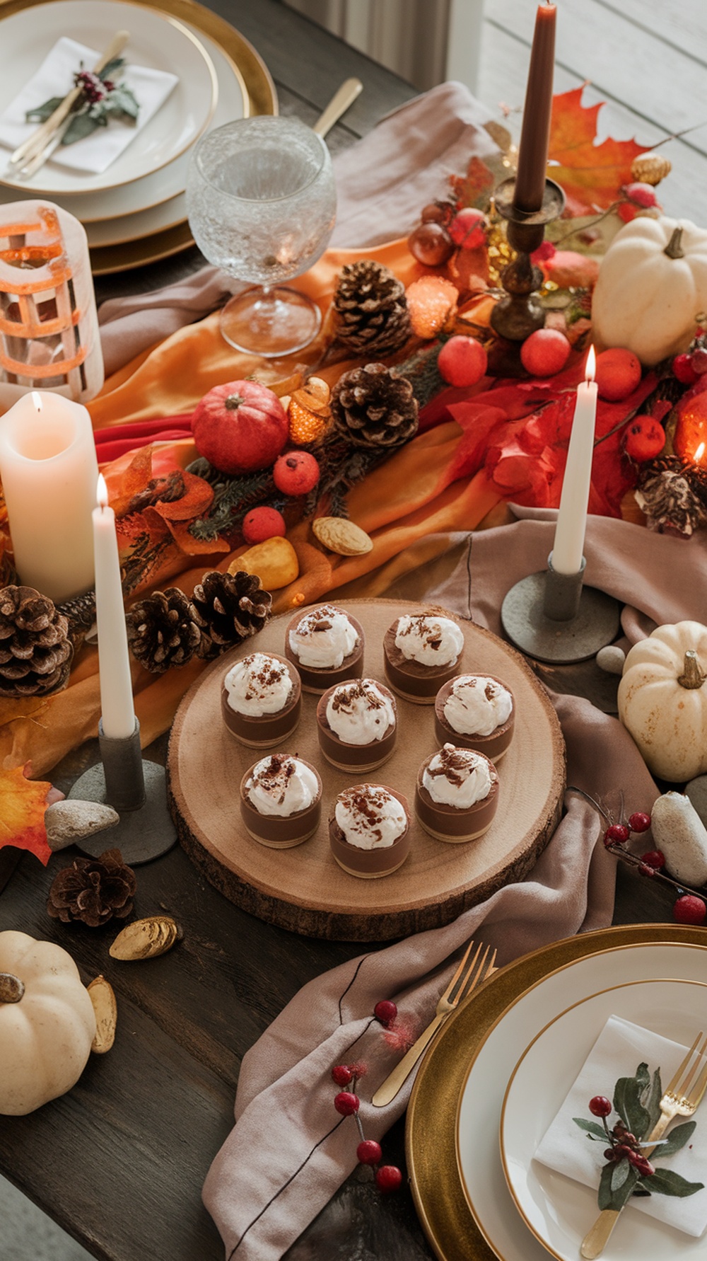 No-bake chocolate mousse cups decorated with whipped cream and chocolate shavings, surrounded by a festive Thanksgiving table setting.