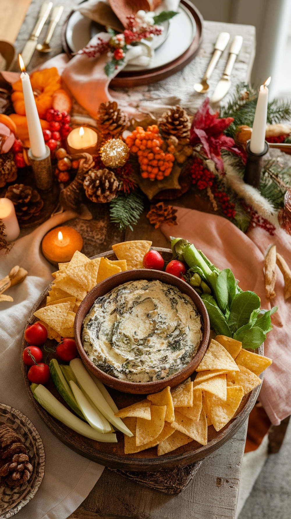 A festive spread featuring spinach and artichoke dip surrounded by tortilla chips and fresh vegetables.