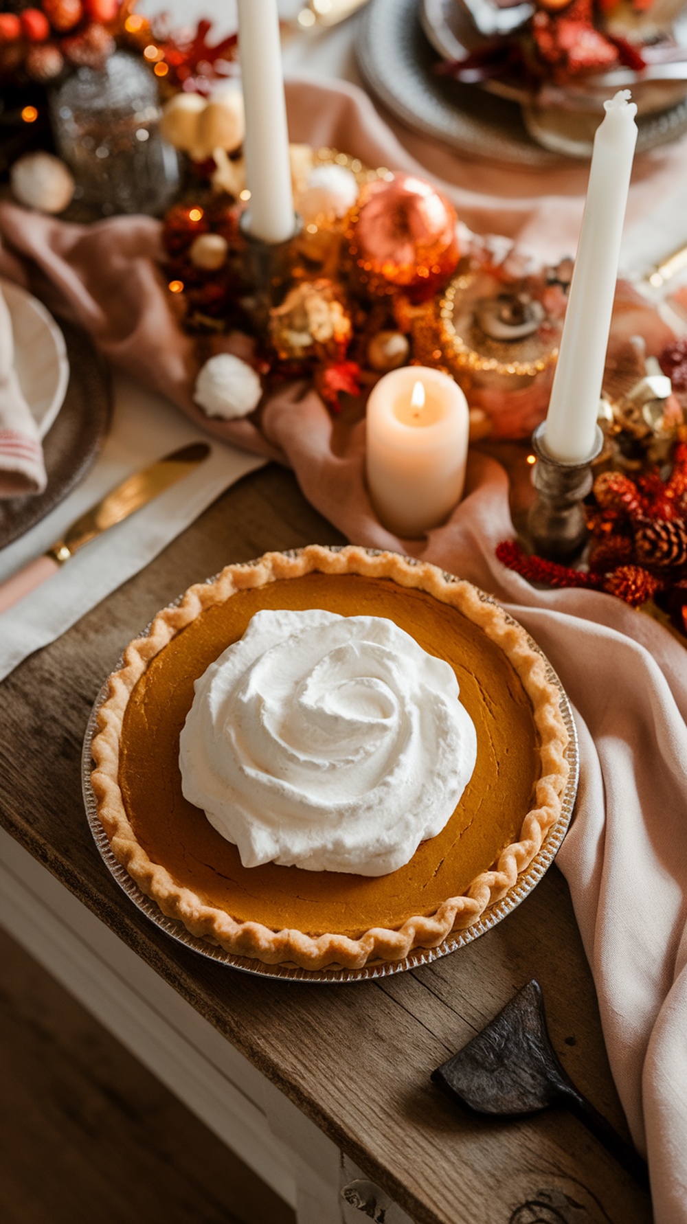 A beautifully presented pumpkin pie topped with whipped cream, surrounded by festive decorations.