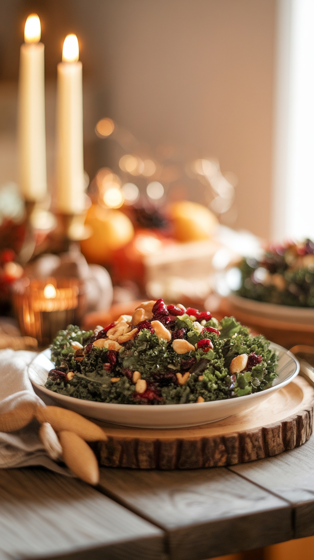 A vibrant Harvest Kale Salad with cranberries and nuts on a rustic wooden table, surrounded by candles and autumn decorations.