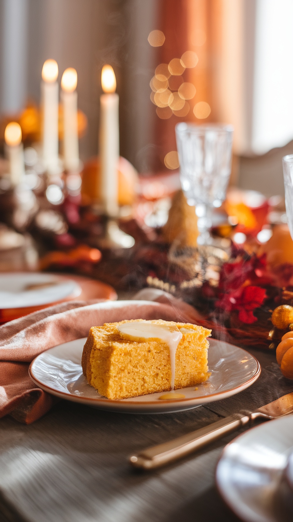 A slice of cornbread with honey butter on a plate, set on a beautifully decorated Thanksgiving table.