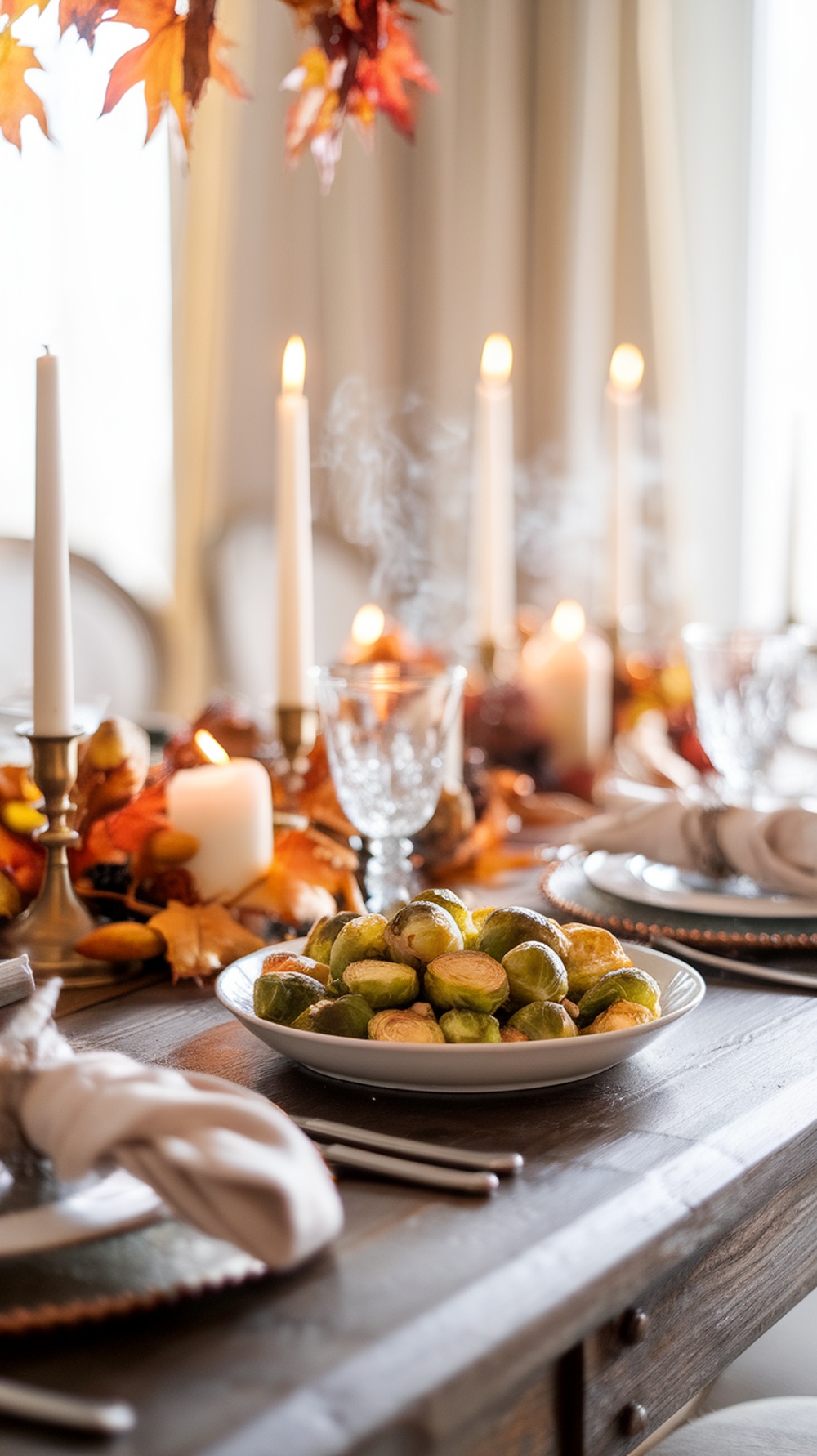 Maple glazed Brussels sprouts on a festive Thanksgiving table