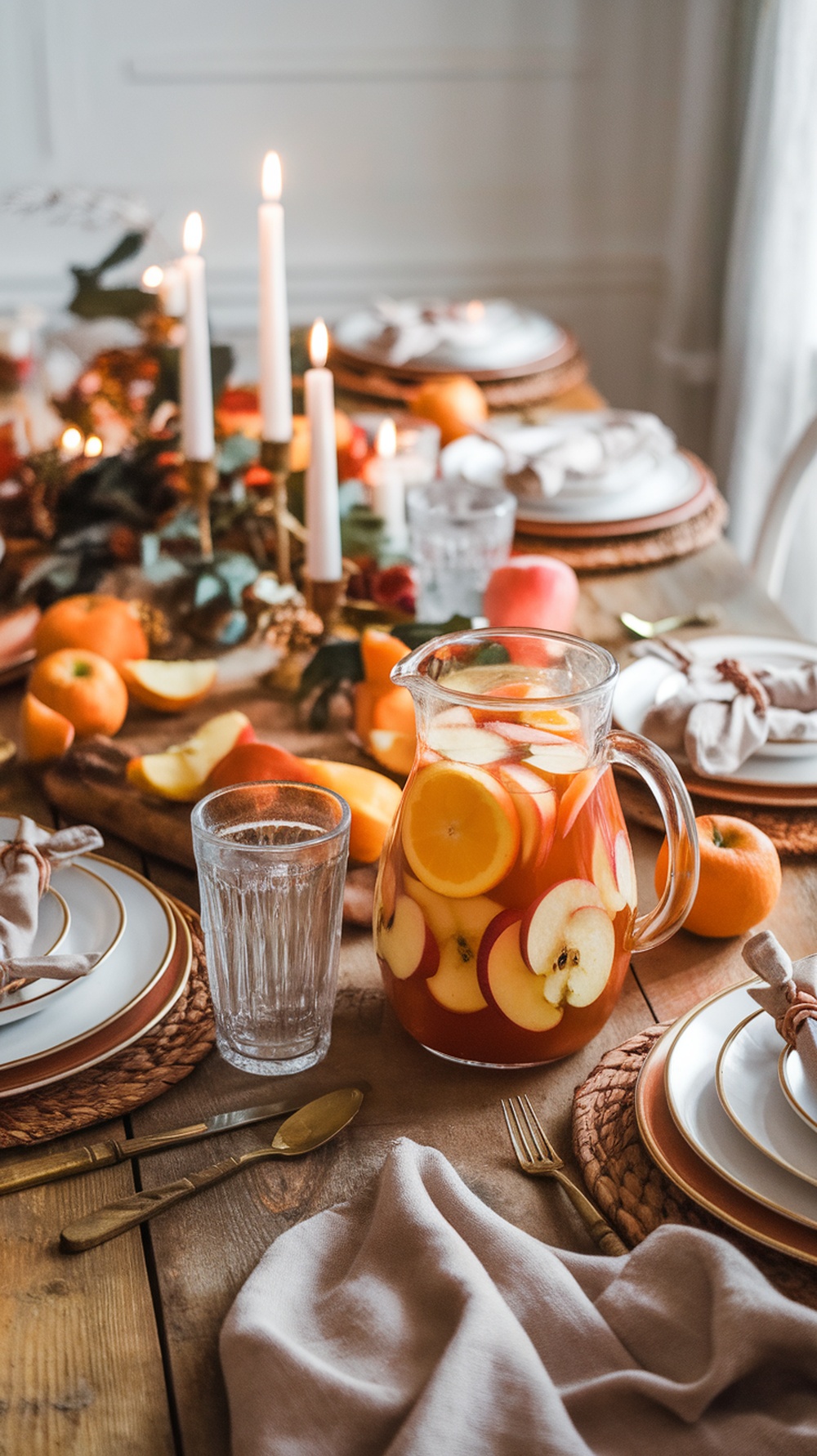A festive table setting with a pitcher of apple cider sangria and fresh fruit.