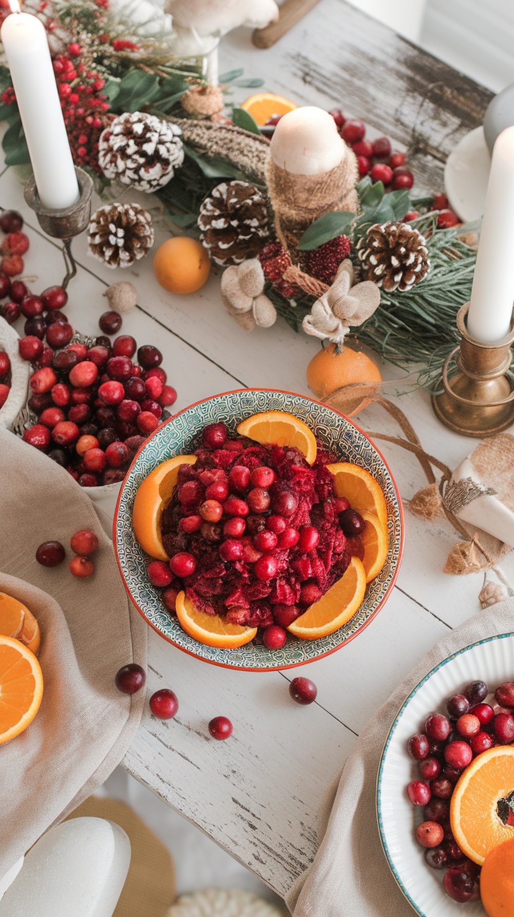 A bowl of cranberry orange relish surrounded by pinecones and oranges on a festive table.