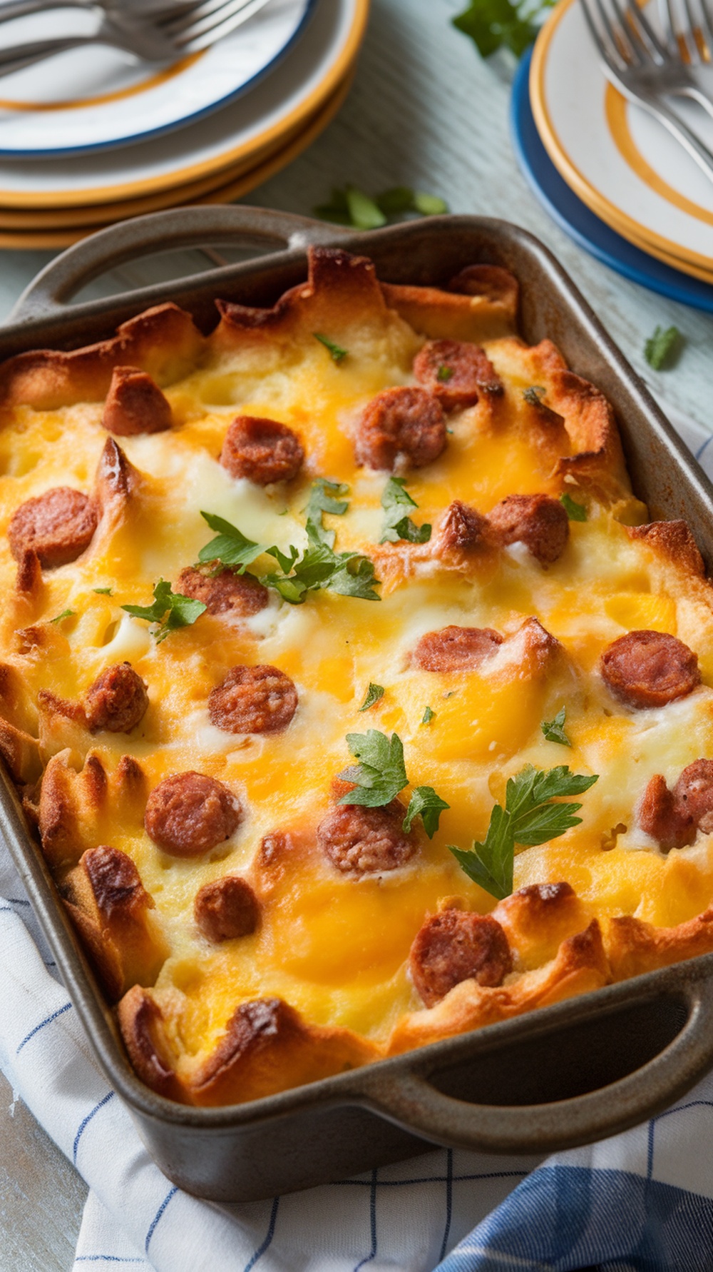 A hearty egg and sausage breakfast bake in a baking dish, garnished with parsley, on a breakfast table.