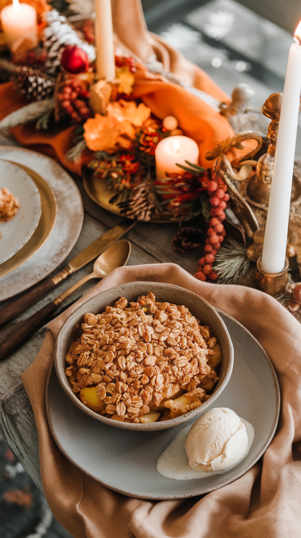 A bowl of apple crisp with oat topping served with a scoop of vanilla ice cream, surrounded by a festive Thanksgiving table setting.