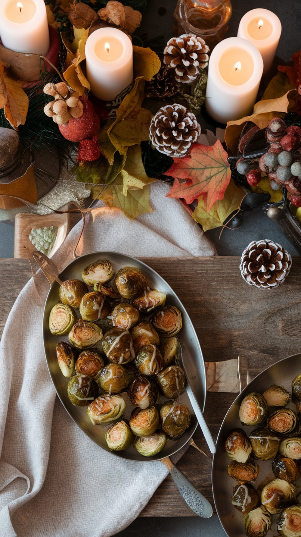 A serving of maple-glazed Brussels sprouts on a festive table with autumn decorations.