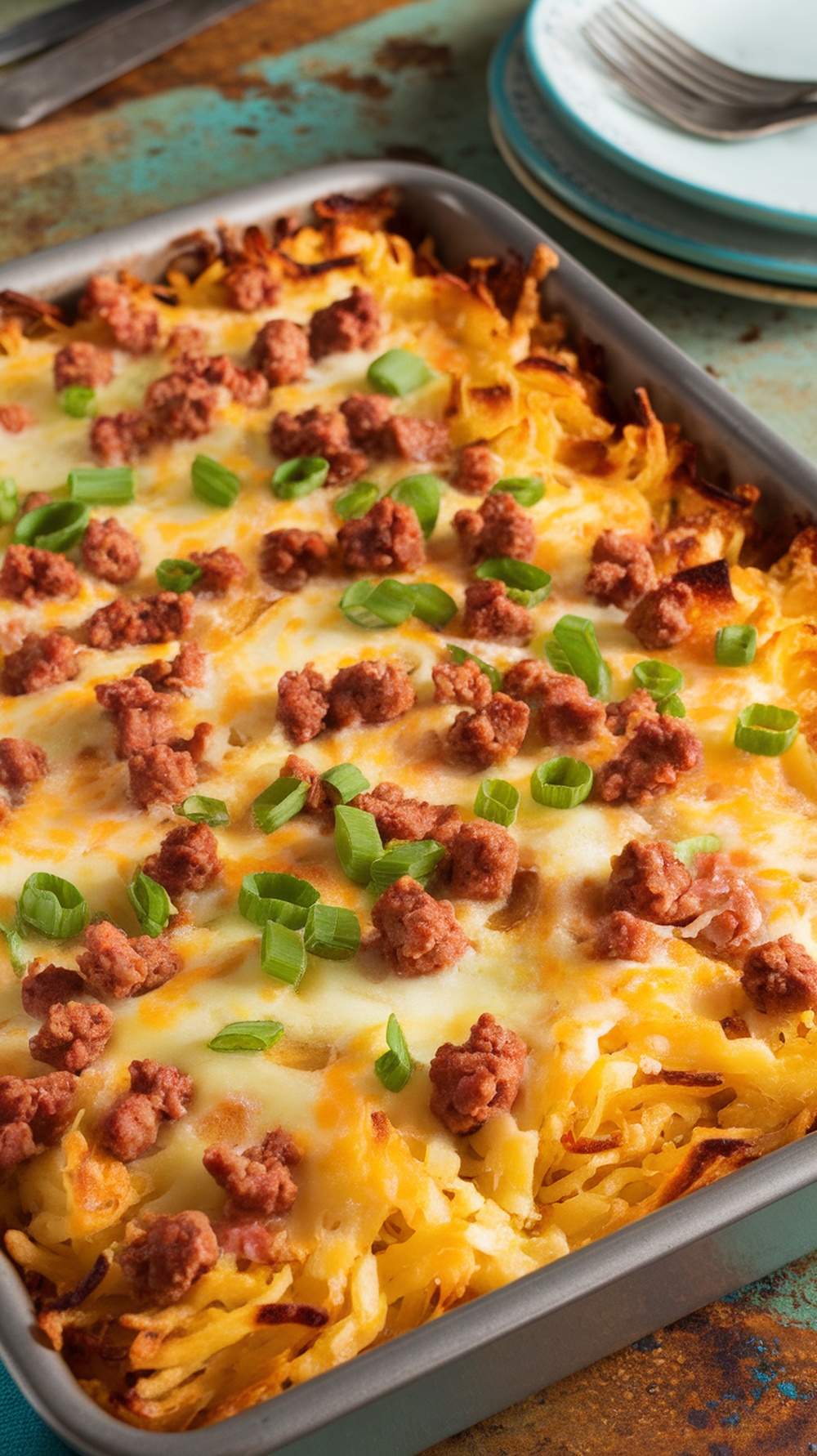 Cheesy hash brown breakfast casserole with sausage and green onions, served in a baking dish.