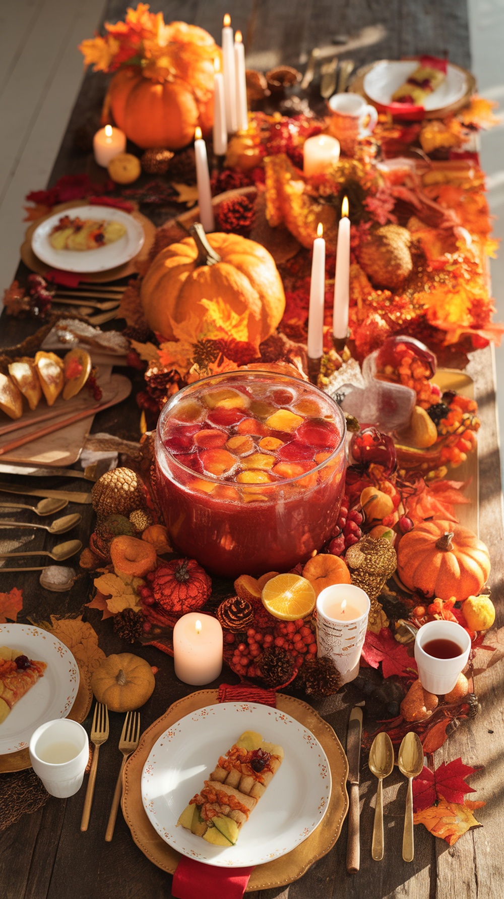 A beautifully arranged Thanksgiving punch bowl surrounded by autumn decorations.