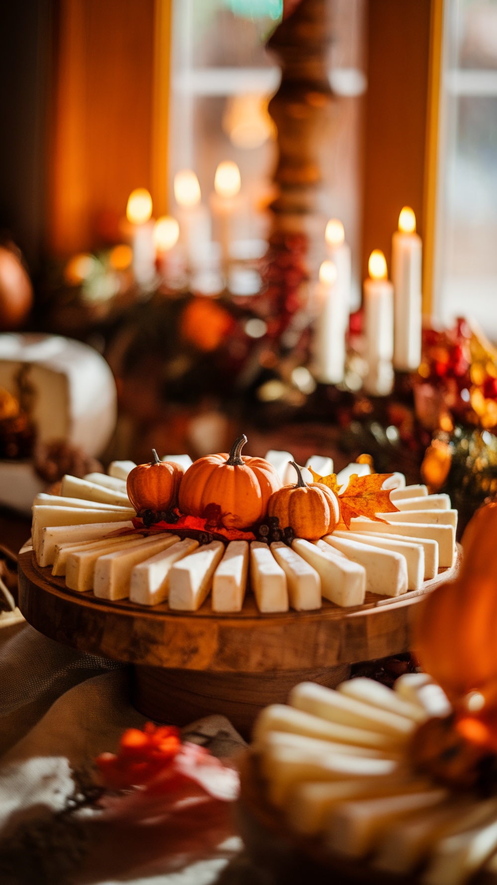 A beautifully arranged Thanksgiving charcuterie board featuring seasonal cheeses and autumn decorations.