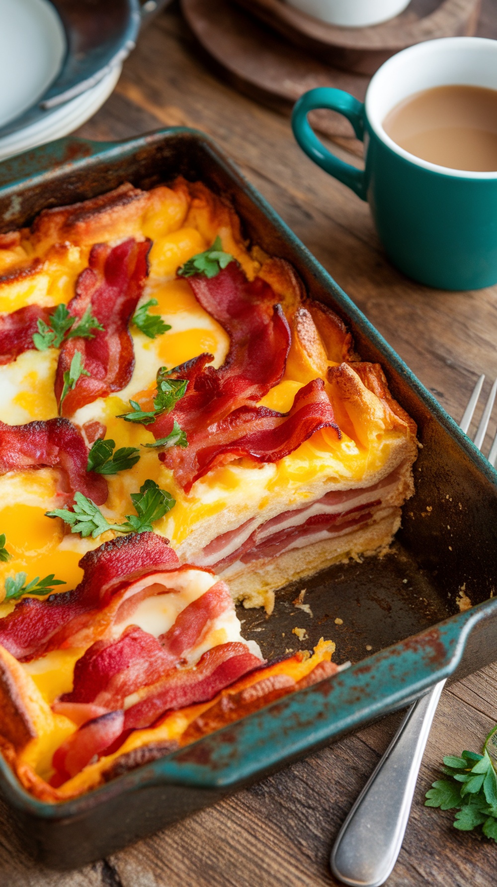 Baked bacon and egg strata with layers of bread, cheese, and bacon, garnished with parsley on a wooden table.