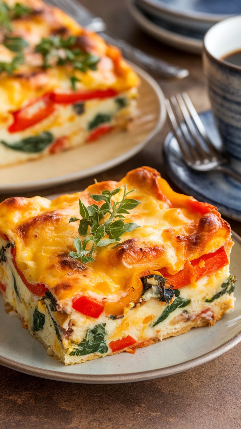 Vegetable and Cheese Breakfast Casserole Recipe A slice of vegetable and cheese breakfast casserole with bell peppers and spinach, garnished with herbs, on a plate with a fork.