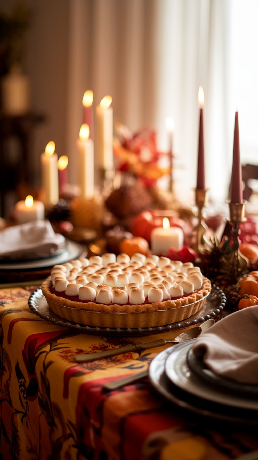 A beautifully arranged Thanksgiving table featuring a sweet potato pie with toasted marshmallow topping, surrounded by candles and autumn decorations.