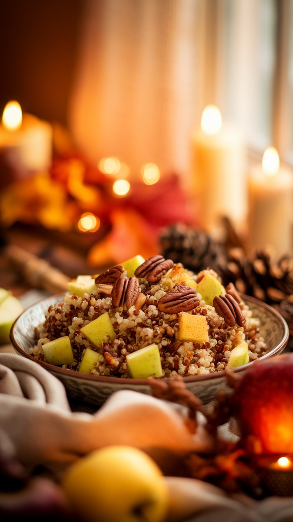 A bowl of autumn quinoa salad with apples and pecans, surrounded by candles and autumn leaves.