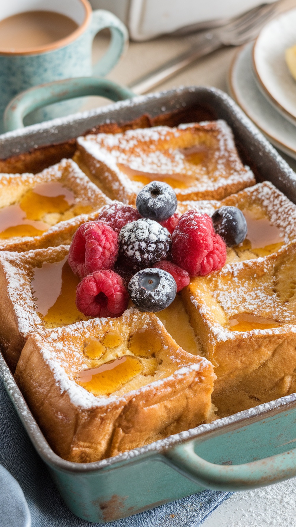 Overnight French Toast Casserole Recipe Golden Overnight French Toast Casserole topped with powdered sugar and fresh berries, served in a rustic dish.