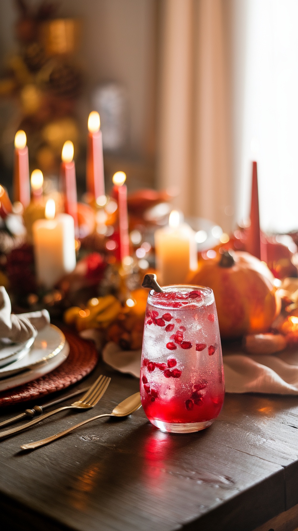 A festive Pomegranate Sparkler cocktail garnished with pomegranate seeds, set on a beautifully decorated Thanksgiving table.