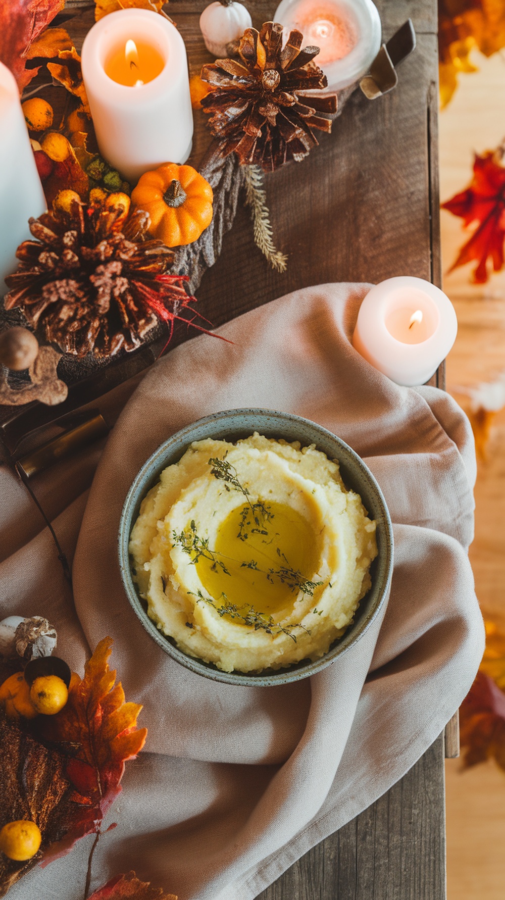 A bowl of herbed vegan mashed potatoes topped with olive oil and fresh herbs, surrounded by autumn decorations.