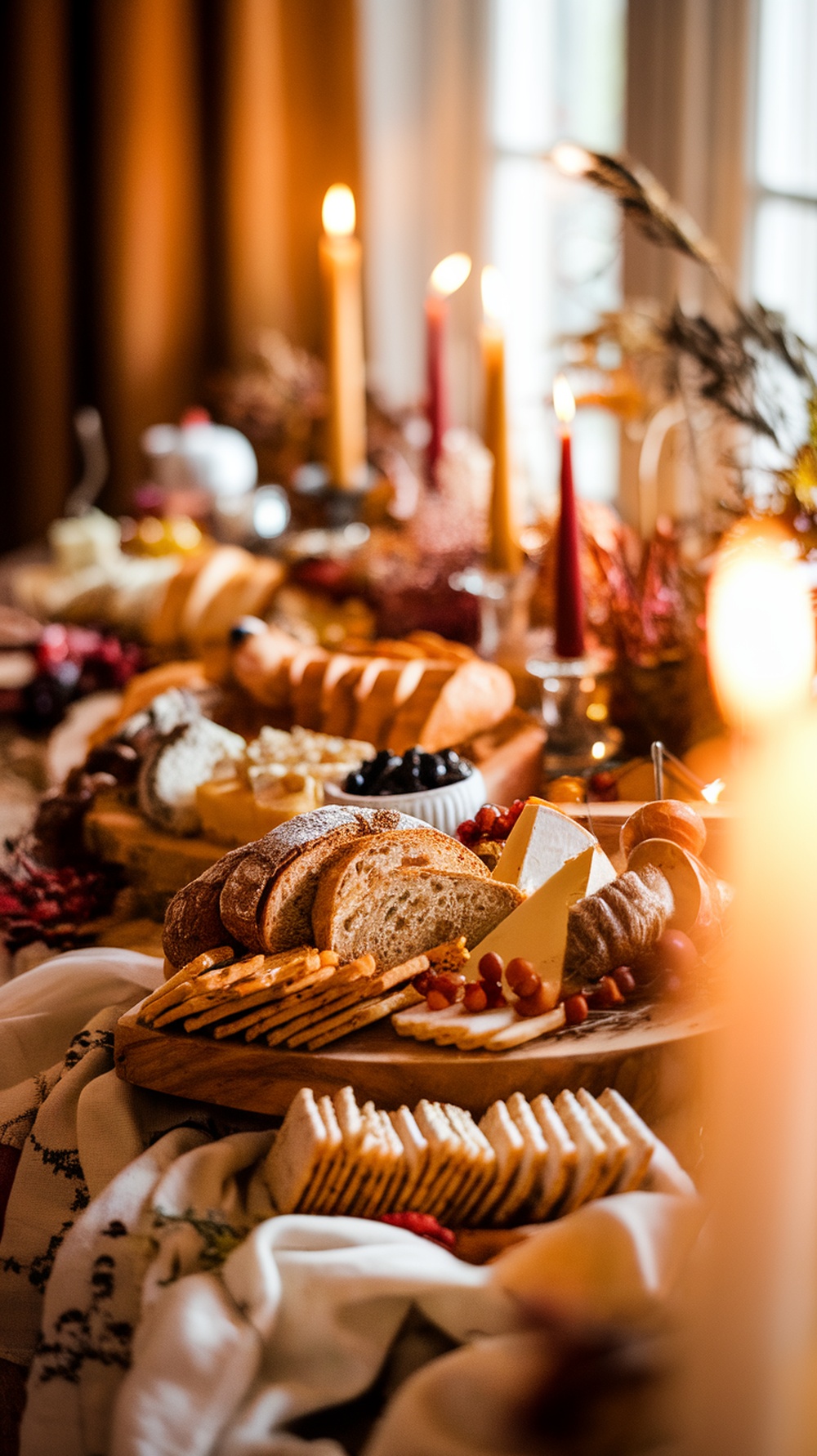 A beautifully arranged Thanksgiving charcuterie board featuring artisan bread and crackers.