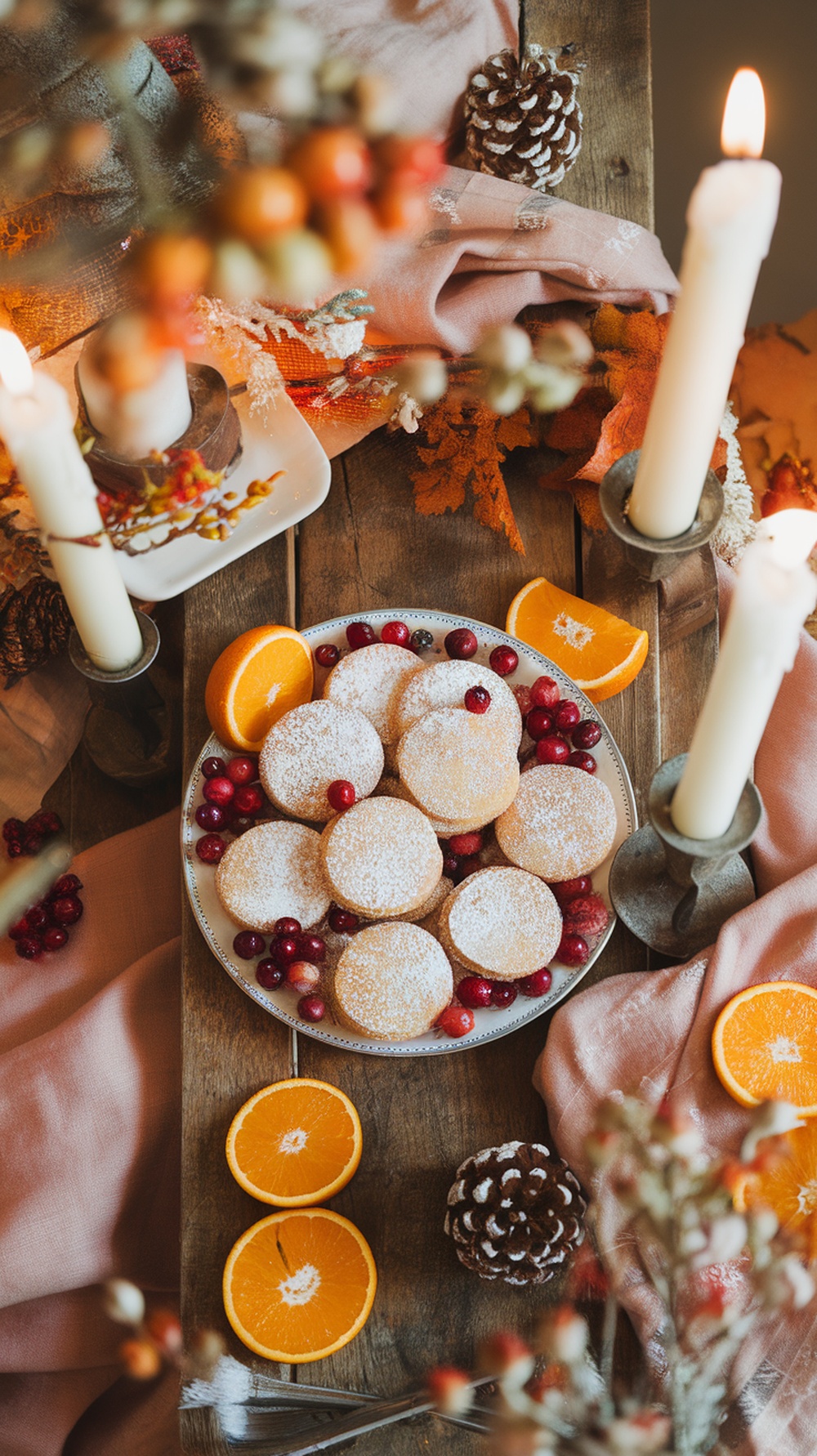A plate of cranberry orange shortbread cookies surrounded by fresh cranberries and orange slices, set on a rustic wooden table.