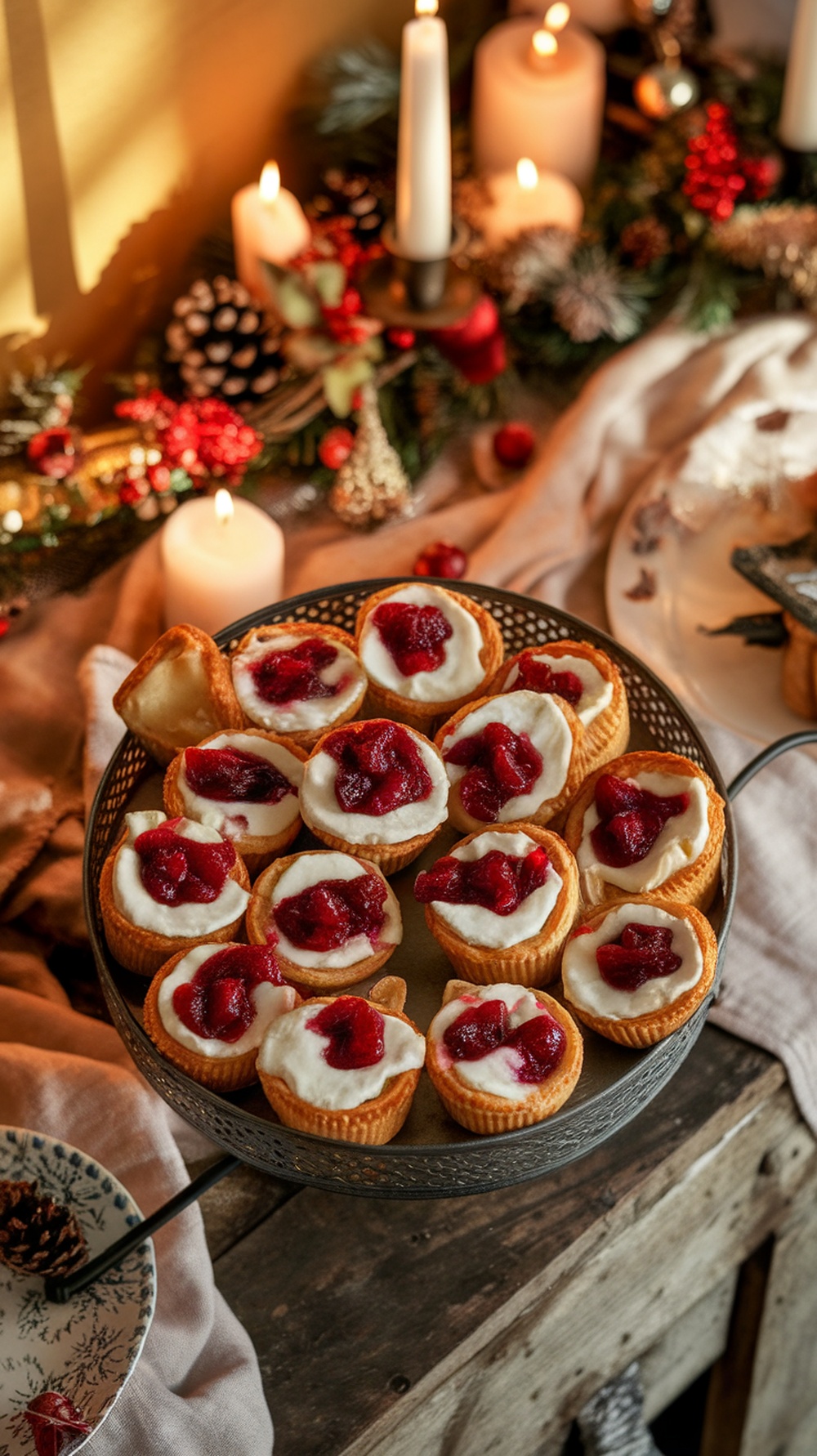 A platter of cranberry brie bites with a festive background