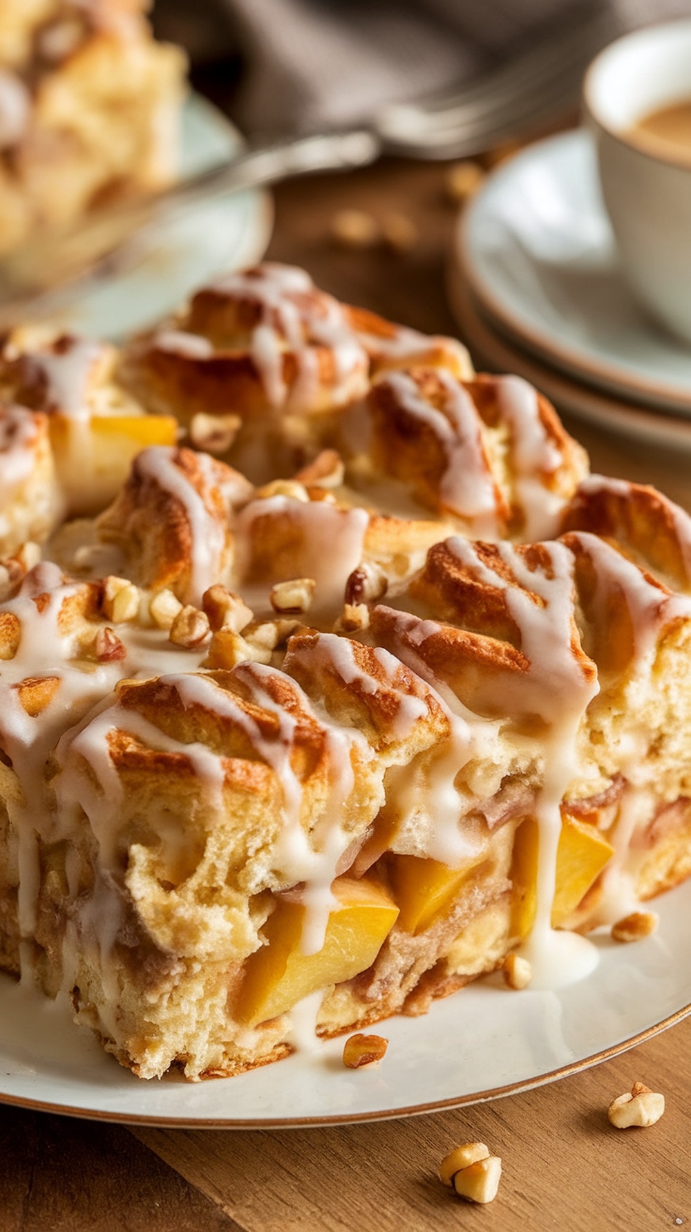 Apple cinnamon roll breakfast casserole with icing and nuts on a rustic table.